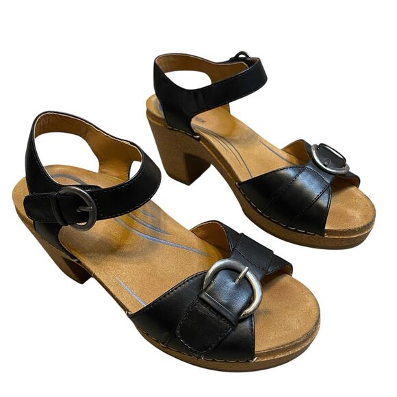 Aetrex Tory Slingback Sandals 7 EU 37 Black Open Toe Heels Cork Retro Cowgirl - Picture 2 of 12